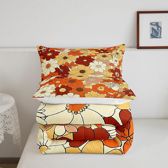 Castle Fairy Bohemian Flowers Bedding Comforters Queen Size,70s Vintage Floral Comforter Set with 2 Pillowcases,Hippie Retro Groovy Botanical 3pcs Children Adult Duvet Set,Soft