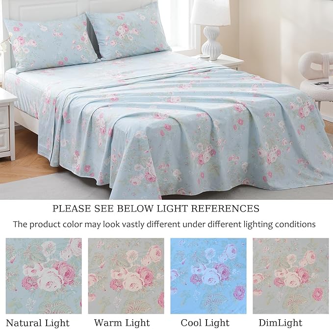 Zusbest Blue Floral Sheets Set Queen Size 100% Cotton Pink Flowers Bed Sheet Shabby Vintage Chic Bedding Romantic Pastoral Style Original Design Soft Luxury Deep Pocket Fitted Sheet 17.5'', 4 Pcs