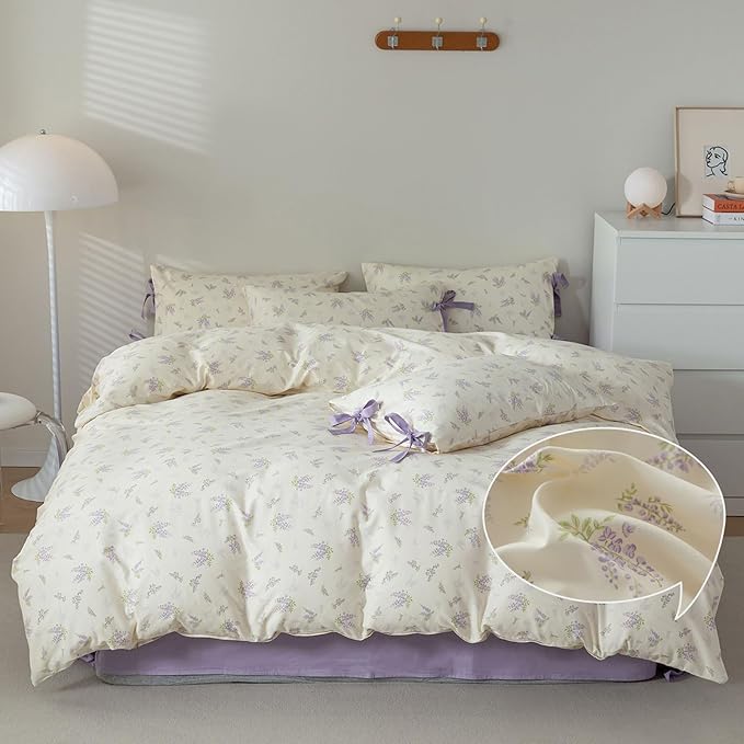 Purple Flower Duvet Cover Set Full 3 Pieces Lavender Floral Duvet Cover with Bow Ties,Cottagecore Bedding Set 100% Cotton Vintage Country Comforter Cover for Teens Girls without Filling-80"x90"