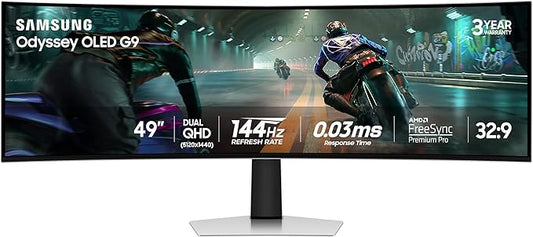Samsung 49" Odyssey OLED G9 (G91SD) Dual QHD QD-OLED G-Sync Compatible Curved Gaming Monitor, 144Hz, 0.03ms, AMD FreeSync Premium Pro, Ergonomic Stand, 3 Year Warranty, LS49DG910SNXZA, 2024