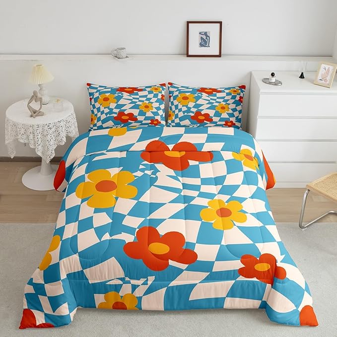 Castle Fairy Kids Vintage Groovy Daisy Flowers Bedding Set for Boys Girls,Abstract Blue Plaid All Season Cozy Comforter Set Home Decor,70s Hippie Floral Duvet Set for Chic Birthday Gift, Full Size