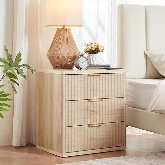 LEYAOYAO Fluted Nightstand with Charging Station, 23" Modern Night Stand with Woodgrain Top, 3 Drawers End Table w/Storage, Bedside Tables for Bedroom, Living Room, Curved Profile Design,Wood
