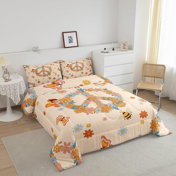 Retro 70s 60s Hippie Comforter Set Twin Size,Groovy Flowers Butterfly Honeybee Quilt Set for Kids Boys Bedroom Collection,Floral Peace Symbol Polyester Bedding with 1 Pillowcase,2Pcs