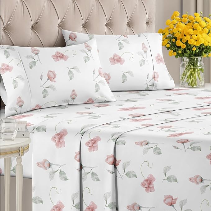 Floral Sheets - Floral Rose Bed Sheet Set - 1 Flat, 1 Fitted & 2 Pillowcases w/ Deep Pockets - Comfy, Wrinkle & Fade Free - Boho Botanical Bedding - Ultra-Soft, Breathable & Cooling - Full Size Set