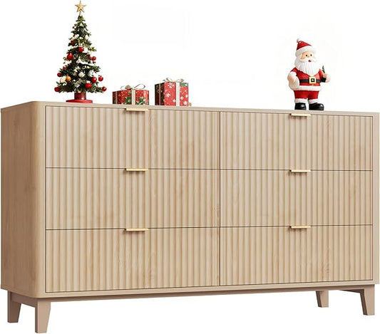 WLIVE Fluted Dresser for Bedroom with 6 Drawers, 54" Wide Wood Dresser with Metal Handles, TV Stand for 65 inch TV, Mid Century Modern Chest of Drawers for Living Room, Hallway, Closet, Natural Oak