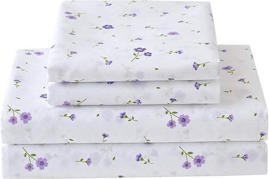 Softan Purple Floral Twin Size Sheet Set, 3 Pieces Microfiber Single Bed Sheets for Girls, Cozy Fitted Sheet with 15" Deep Pockets & Non-Slip Straps, Cute Purple Flower Sheets & Pillowcase Set