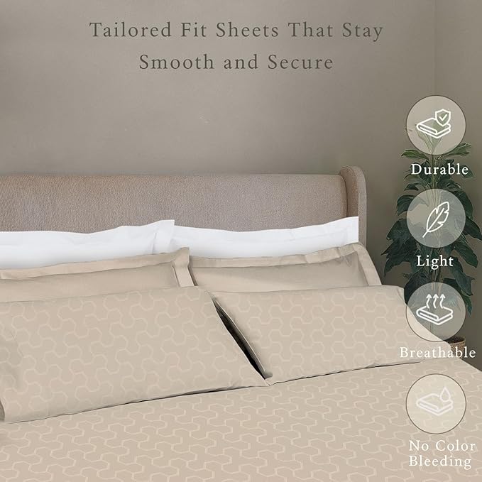 Threadmill 500TC Cotton Twin XL Sheet Set - Light Beige Floria, 3-Piece Bed Linen Set with 15" Deep Pocket, Damask Jacquard Sateen, Premium Soft Breathable Hotel-Style Sheets