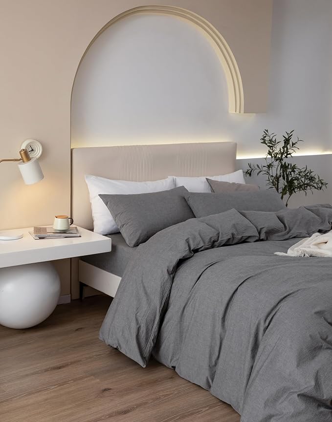 JIYUAN 100% Washed Cotton Duvet Cover Set 3 Pieces Cal King, 1 Duvet Cover 104x98 Inches (Comforter Not Included) and 2 Pillowcases,Linen Feel Bedding Set Comfy and Breathable, Heathered Dark Grey