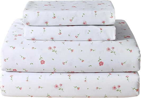 Softan Pink Floral Full Sheet Set Flower Printed Bed Sheets Double - 4 Piece Microfiber Patterned Fitted Bed Sheets with 15" Deep Pocket & Straps, Cozy Cute Pink Sheets and Pillowcase Set