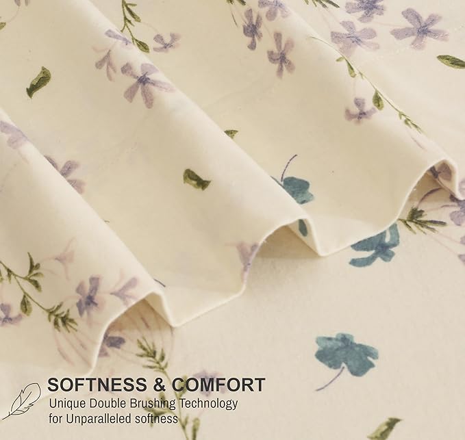 RUVANTI Flannel Sheets Queen Size - 100% Cotton Double Brushed Bed Sheets, Deep Pockets 16 Inches Queen Sheet Set, All Seasons Breathable & Extra Soft - Warm & Cozy, 4 Piece, Jasmine Stamp Cream
