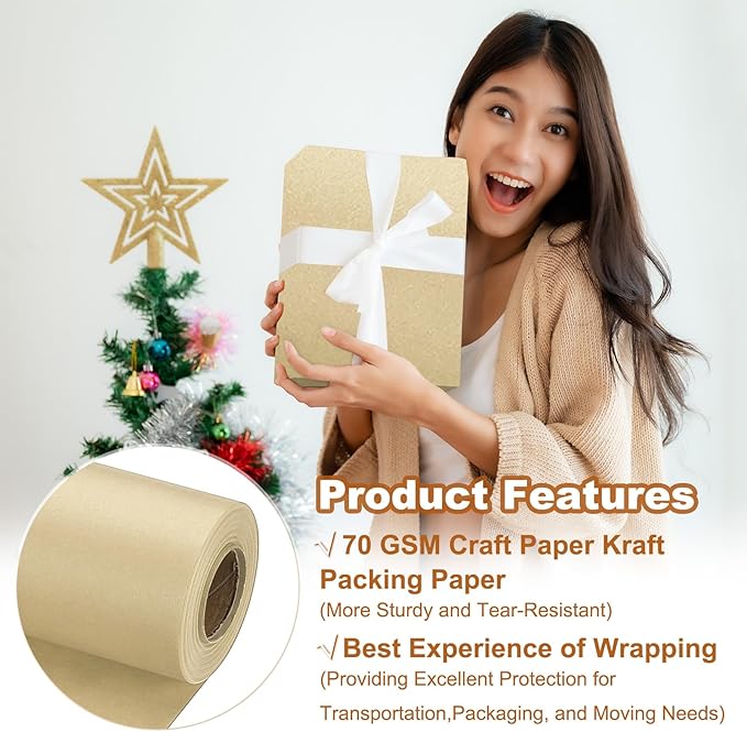 PATIKIL Wrapping Paper, 17" x 600"(49') 70 GSM Craft Paper Roll Kraft Packing Paper for Poster Bulletin Board, Gift Wrapping, Brown