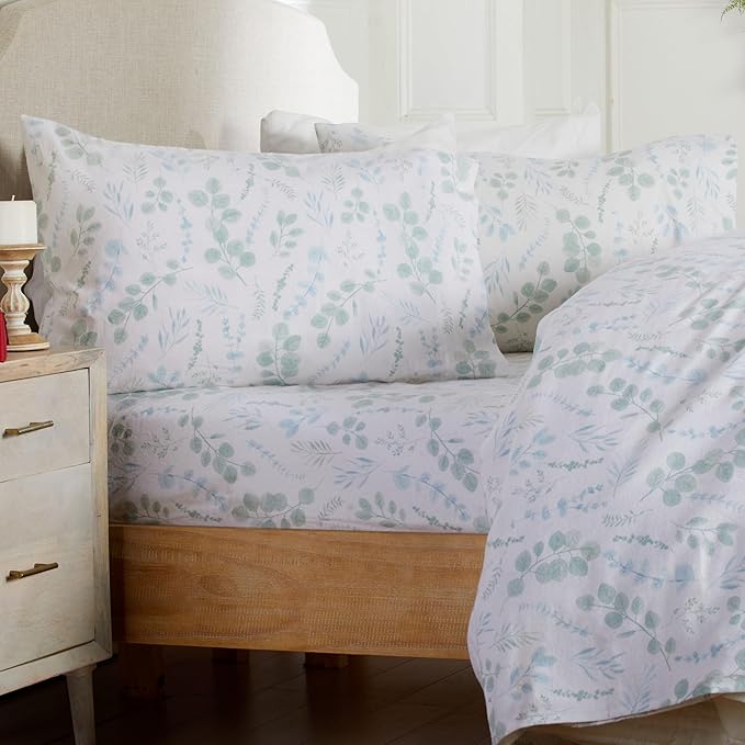 Market & Place 100% Cotton Full Flannel Sheet Set | 4 Piece Deep Pocket Cozy Winter Floral Bed Sheets | Double Brushed for Extra Softness & Comfort | Alpine Collection (Full, Eucalyptus Leaves)