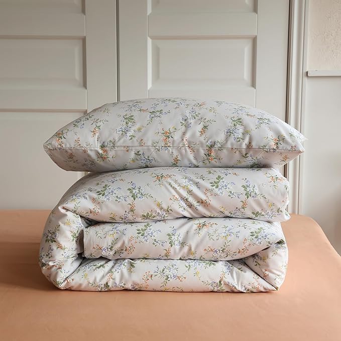 EAVD Vintage Style Garden Botanical Floral Duvet Cover Twin Girl Soft Cotton Chic Floral Botanical Bedding Set with 2 Pillowcases Fresh Reversible Botanical Duvet Cover with Zipper Closure