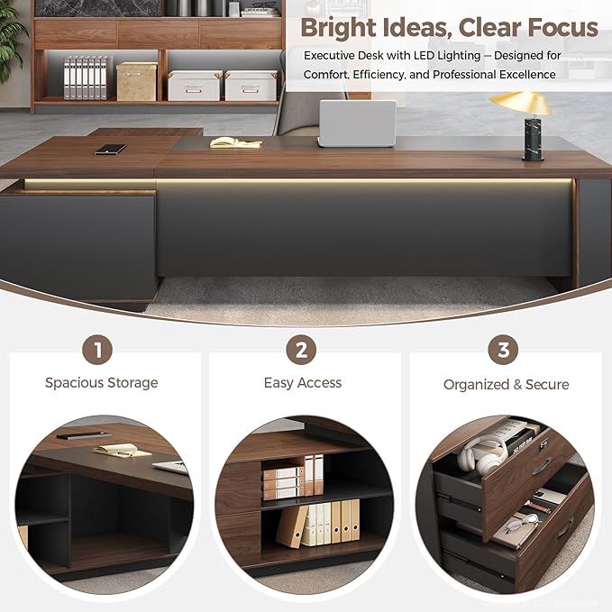 L-Shaped Executive Desk with LED Lights, Lockable Storage & 3-in-1 Charging Station, Reversible Cabinet, Modern Wood Office Desk for CEO, Manager & Home Office(Red Walnut+Black, 63"L*63"W*30"H)
