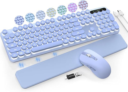Wireless Keyboard and Mouse Backlit - Typewriter Keyboard with Retro Round Keycaps, Detachable Wrist Rest, Light Up Letters, 2.4G Rechargeable Combo for Mac, Windows, PC, Laptop, Trueque (Purple)