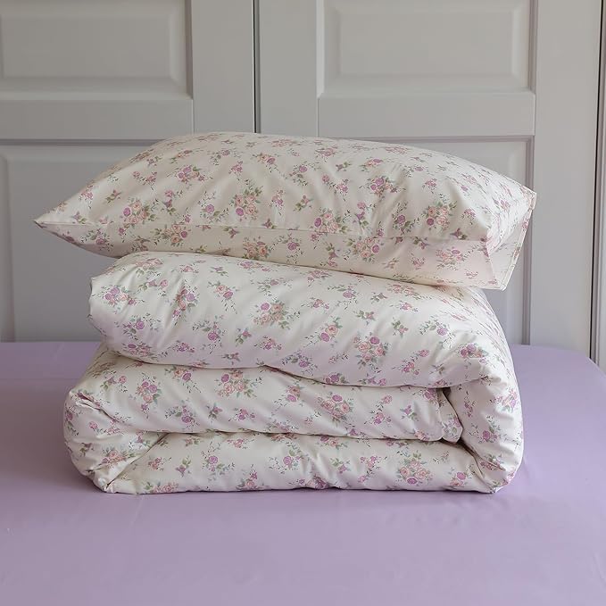 EAVD Vintage Style Pink Purple Floral Duvet Cover King Soft White Soft Cotton Chic Garden Floral Bedding Set with 2 Pillowcases Reversible Floral Print Comforter Cover with Zipper Closure