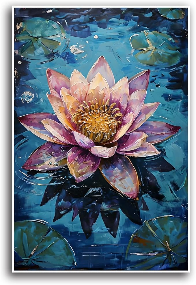 Gorgeous pink and purple water lilies on deep blue water Eye-catching oil painting Serene aquatic wall art for modern home decor 12x18in Frameless