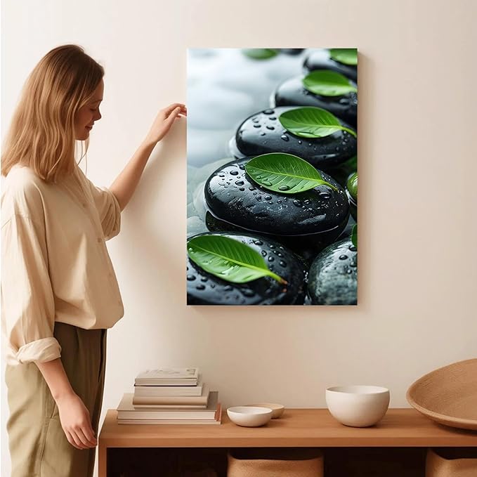 Glittering black stone cluster with fresh green leaves and water drops poster tranquil mist rain wall art zen wall art suitable for modern minimalist home decor 12x18in Wood Framed