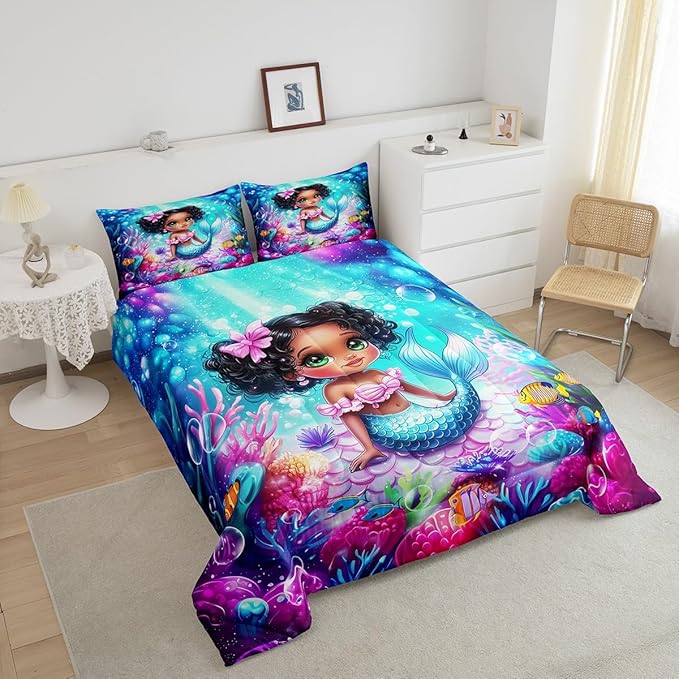 Cute Mermaid Comforter Set Twin Size,Reversible Cute Girl Fish Scale Print Black Bedding Set for Kids Boys Men,African Style Cartoon Fairy Tale Theme Quilted Duvet Set with 1 Pillowcase
