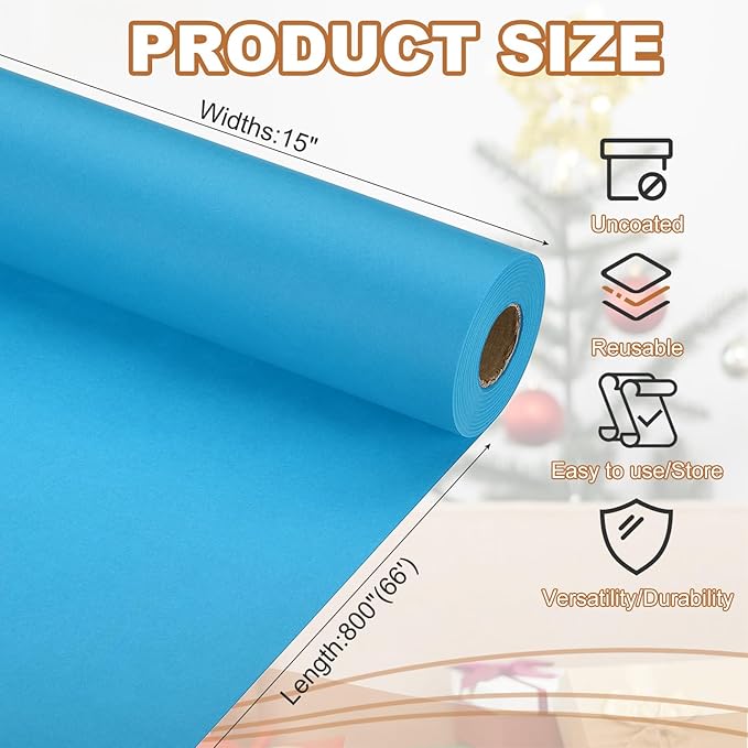 PATIKIL Wrapping Paper, 15" x 800"(66') 70 GSM Craft Paper Roll Kraft Packing Paper for Poster Bulletin Board, Gift Wrapping, Light Blue