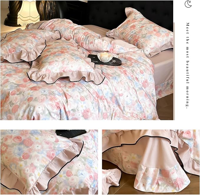 HighBuy Ruffle Duvet Cover Set Twin Pink 100% Brushed Cotton Bedding 3pcs Set,Chic Cottagecore Soft Breathable Vintage Boho Bedding Set,1 Duvet Cover and 2 Pillowcases