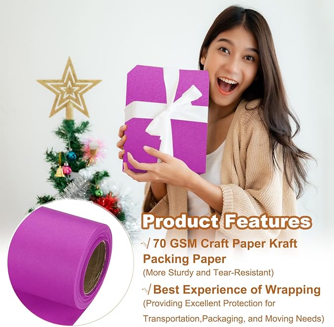 PATIKIL Wrapping Paper, 20" x 300"(25') 70 GSM Craft Paper Roll Kraft Packing Paper for Poster Bulletin Board, Gift Wrapping, Purple