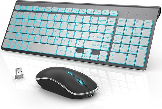 J JOYACCESS Wireless Keyboard and Mouse Combo with 7 Backlit Options,Quiet Light Up Keys,Type-C Rechargeable,Sleep Mode-2.4G Slient Portable Cordless Combo for Laptop/PC/Computer/Mac(Grey+Sliver)