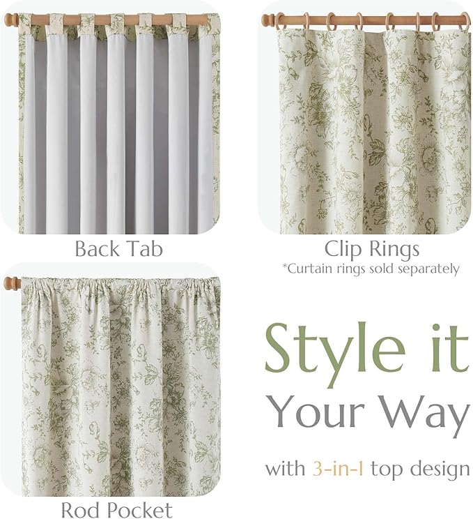 jinachan Blackout Curtains Linen Blend Floral Curtain for Living Room 63 Inch Length Christmas Sage Green Flower Printed with Lined Blackout Drapes for Bedroom Farmhouse Curtains Set 2 Panels