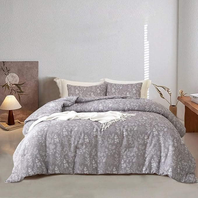 EAVD Fresh Vintage Grey Floral Duvet Cover King Soft Cotton Chic Shabby Garden Floral Bedding Set with 2 Pillowcases Reversible Floral Botanical Duvet Cover with Zipper Closure