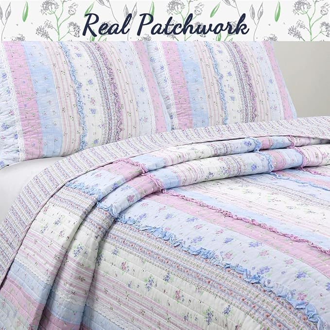 Cozy Line Home Fashions Raelynn Romantic Lace Orchid Light Purple Blue Flower Print Stripe Cotton 3D Bedding Quilt Set, Reversible Coverlet, Bedspread for Girls Women (Lavender,Queen -3 Piece)