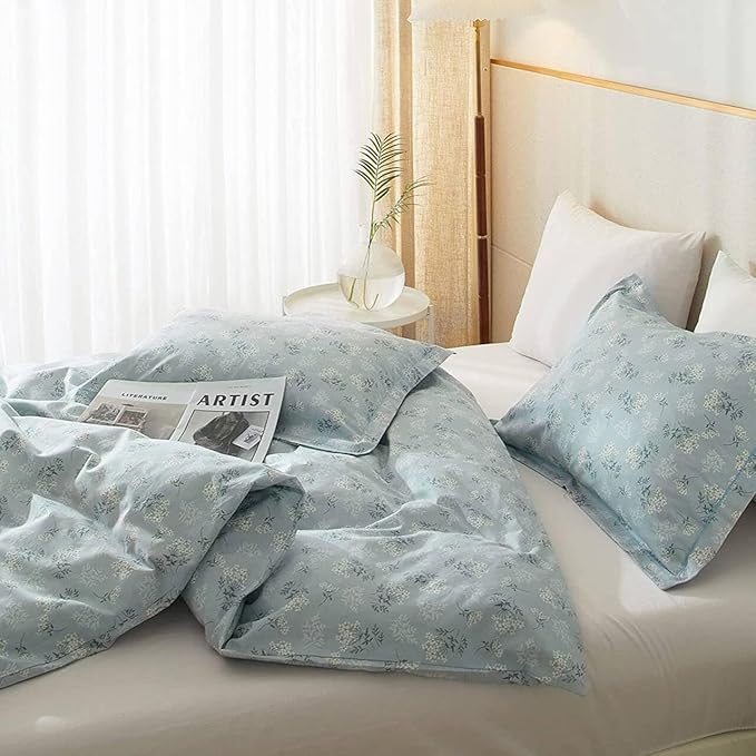 LifeTB Blue Floral Comforter Set King Size Vintage Flower Botanical Comforter with 2 Pillowcases Fluffy Soft Aesthetic Floral Cottagecore Bedding Set Chic Flower Leaves Pattern King Comforter Set