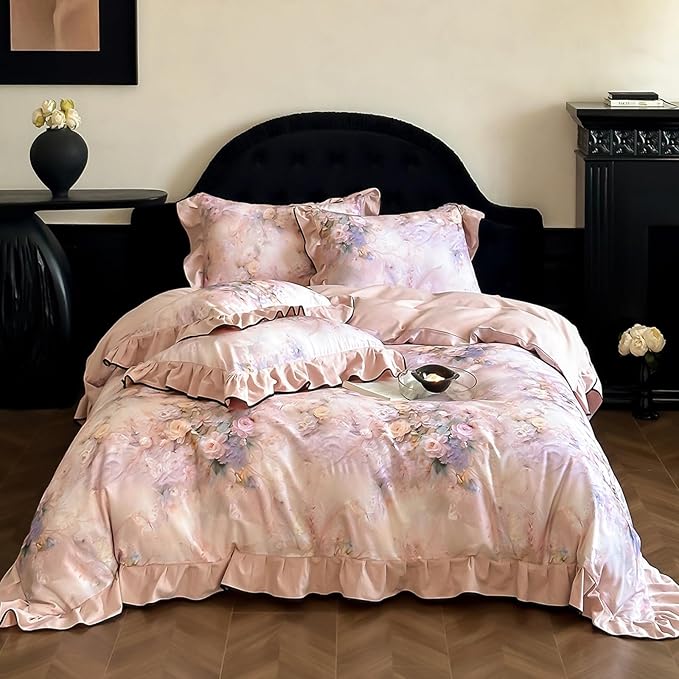 HighBuy Ruffle Floral Bedding Duvet Cover King,Durable Brushed Cotton Breathable Cottagecore Bedding Set for Women Girls,1 King 104"x90" Duvet Cover and 2 Ruffle Pillowcases