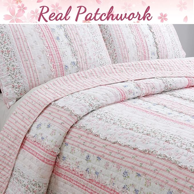 Cozy Line Home Fashions Pink Flower Lace Ruffle Stripe Shabby Chic Girl 100% Cotton Reversible Quilt Bedding Set, Coverlet, Bedspread (Pink Lace, King - 3 Piece: 1 Quilt + 2 Shams)