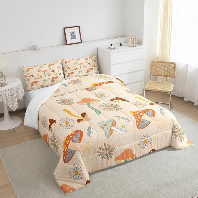 Castle Fairy 60s 70s Retro Mushroom Twin Size Comforter Set,Groovy Flowers Floral Duvet Set with 1 Pillowcase for Kids BoysBoho Art Soft Microfiber Bedding Comforters