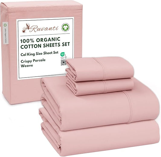 RUVANTI 100% Organic Cotton Sheets California King, Percale Weave, GOTS Certified, 4-Piece Set, Deep Pocket 13", Crisp & Breathable, Soft Durable Bedding, Sábanas Algodón Orgánico – Peach Skin