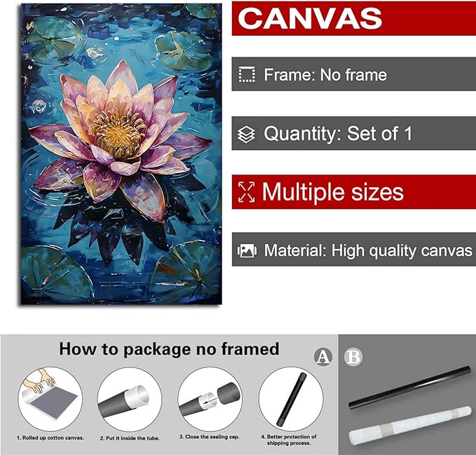 Gorgeous pink and purple water lilies on deep blue water Eye-catching oil painting Serene aquatic wall art for modern home decor 16x24in Frameless