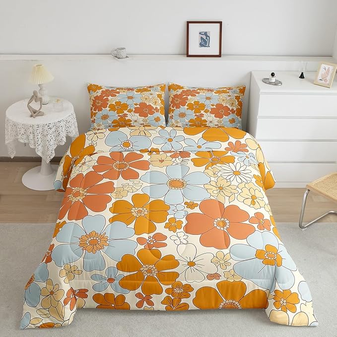 Castle Fairy Retro 70s 60s Floral Hippie Comforter Set Full Size,Summer Groovy Flowers Bedding Comforters Room Decor,Boho Plant Quilt Set with 2 Pillowcases,Teens Present