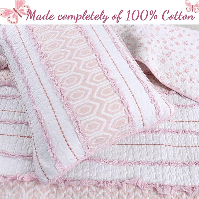 Cozy Line Home Fashions Pretty in Pink Girly Ruffle Stripped 100% Cotton Reversible Quilt Bedding Set, Coverlet, Bedspread (Pink Princess, Twin - 2 Piece: 1 Quilt + 1 Sham)