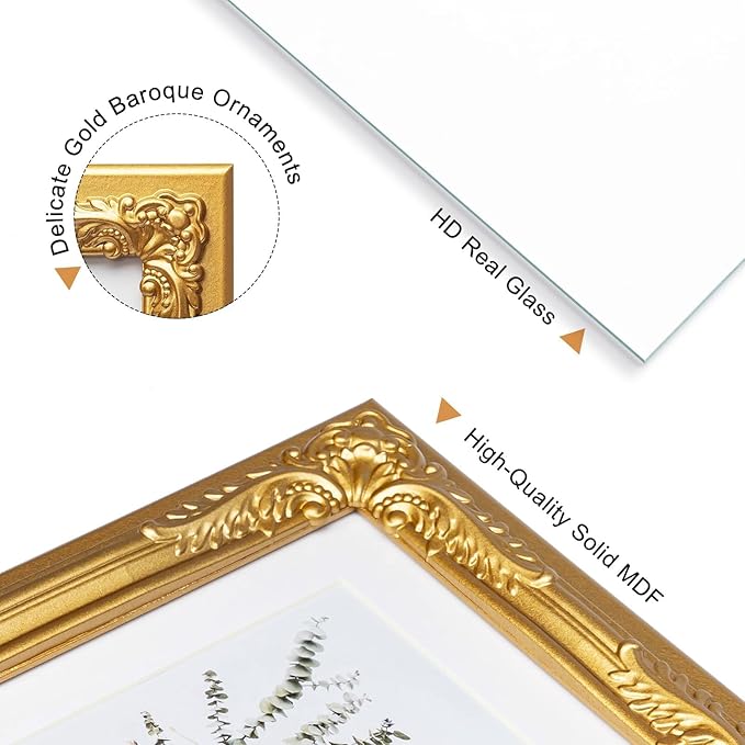 7x9 Gold Picture Frame with Baroque Flower Trim, Solid Wood with Real Glass, Display 7x9 Photos Matted to 5x7, Vertical and Horizontal Desk Tabletop or Wall Hanging,Ornate Vintage Style