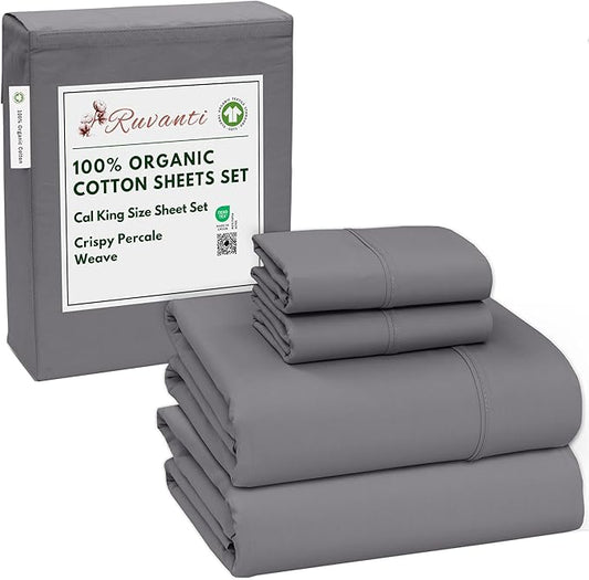 RUVANTI 100% Organic Cotton Sheets California King, Percale Weave, GOTS Certified, 4-Piece Set, Deep Pocket 13", Crisp & Breathable, Soft Durable Bedding, Sábanas Algodón Orgánico – Silver Filigree