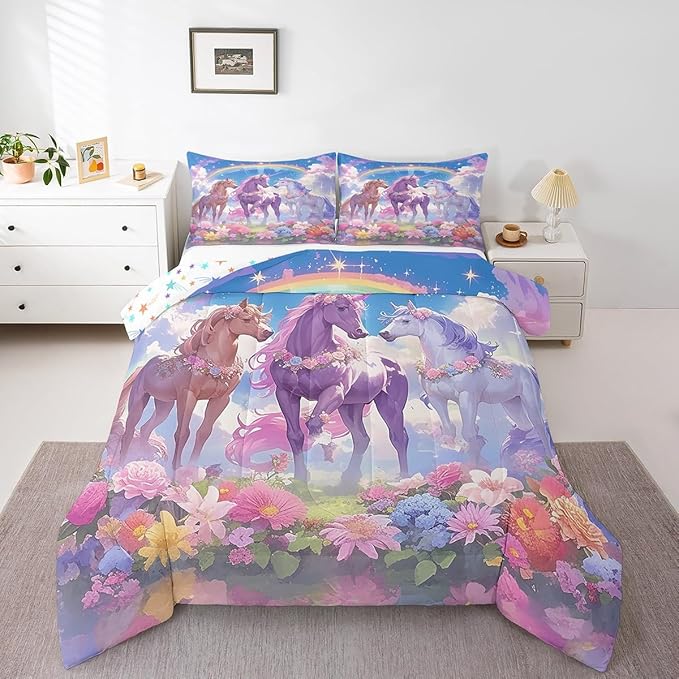 Castle Fairy Dreamy Unicorn Comforter Set King Size,Rainbow Blue Sky Colorful Flowers Reversible Bedding Set All Season Quilt Set,Cartoon Animal Floral Galaxy Microfiber Polyester Down Comforter