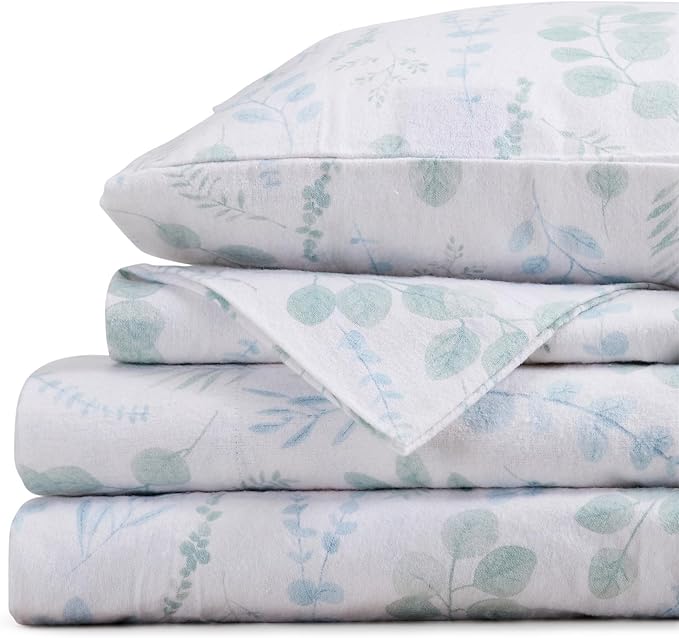 Market & Place 100% Cotton Full Flannel Sheet Set | 4 Piece Deep Pocket Cozy Winter Floral Bed Sheets | Double Brushed for Extra Softness & Comfort | Alpine Collection (Full, Eucalyptus Leaves)