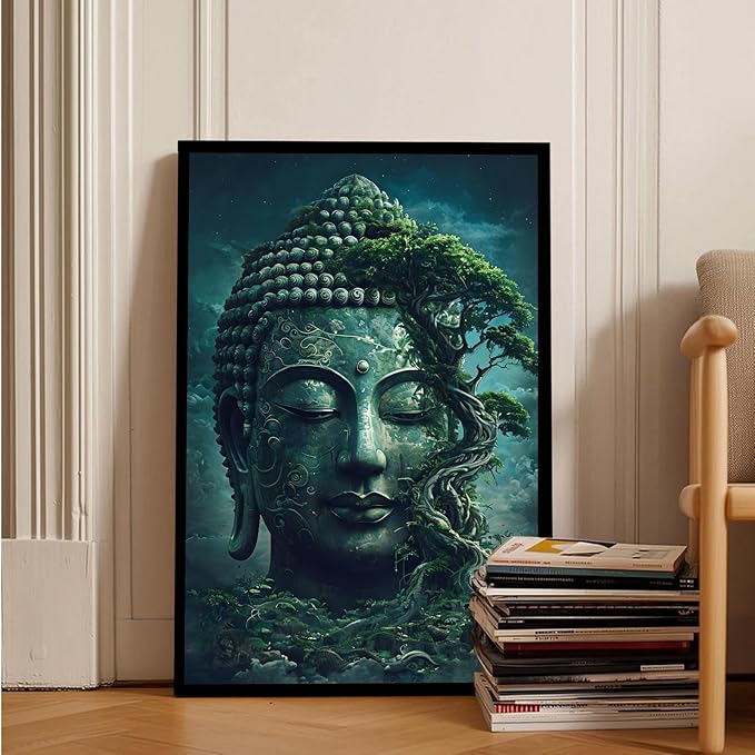 Buddha statue wall art canvas wall decor aesthetic picture mystical nature art for tranquil home and spiritual space 20x30in Metal blackFramed