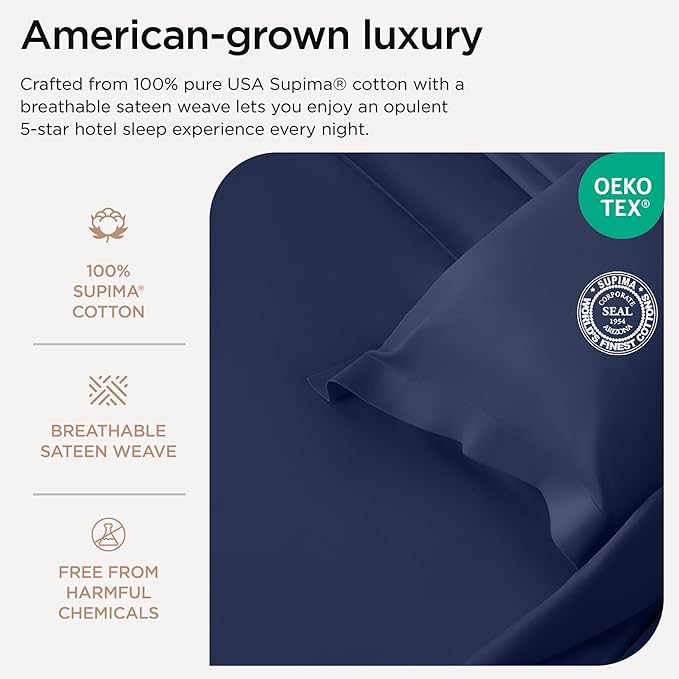 Threadmill Supima Cotton Sheets Queen, 1200 Thread Count Queen Sheet for Queen Mattresses, 4 Piece Luxury Bed Sheets, Sateen Weave Hotel Quality Sheets with Elasticized Deep Pocket, Folkstone Blue