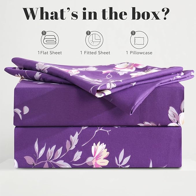 Bedlifes Twin Sheet Set Ultra Soft, Breathable, Silky Flower Deep Pocket 100% Microfiber Bedding, 3 Piece Twin Size Dark Purple Floral
