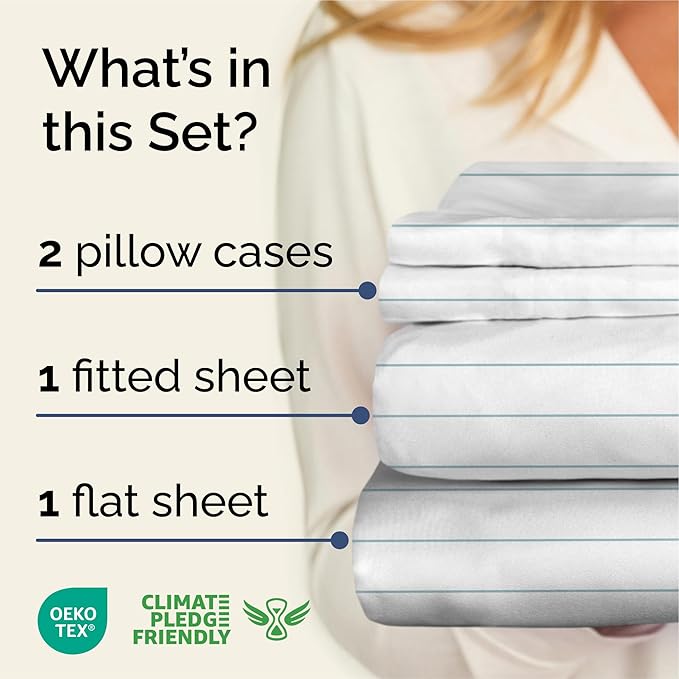 Striped Sheets - Blue & White Striped Sheets - 1 Flat & 1 Fitted & 2 Pillowcases w/ Deep Pockets – Wrinkle & Fade Free - Soft, Breathable and Cooling – Luxury Pinstripe Bedding - Queen Size Bed Set