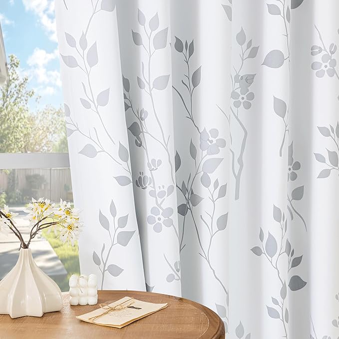 Beauoop Floral 100% Blackout Curtains 90 Inches Long 2 Panels for Bedroom Living Room Grey White Flower Patterned Room Darkening Thermal Insulated Soundproof Grommet Window Treatments Drapes, 52X90