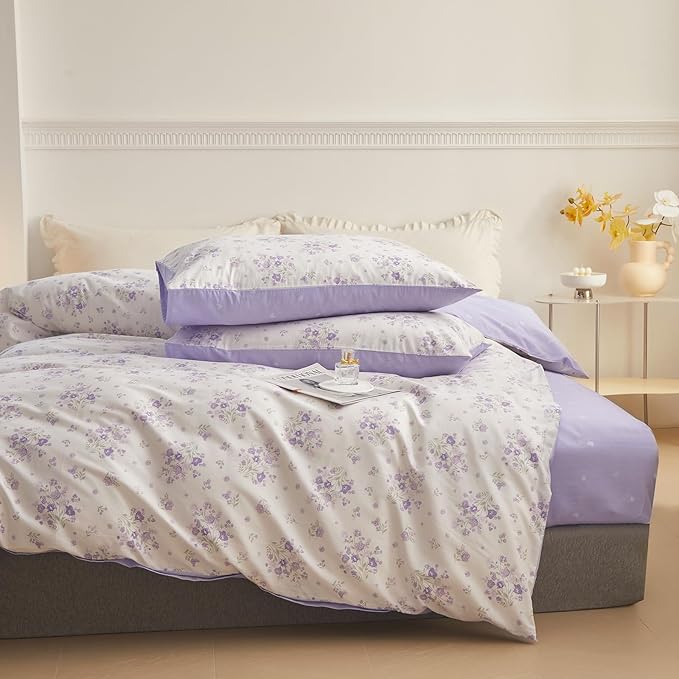 EAVD Cotton Duvet Cover King Size Floral Pattern Duvet Cover Set Chic Shabby Garden Purple Floral Bedding Set with 2 Pillowcases Vintage Style Botanical Comforter Cover with Zipper Closure