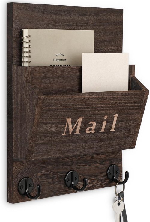 Mail and Key Holder | Decorative Wall Key Hanger - 9.8" x 12.5" Real Paulownia Wood with 2 Mail Slots & 3 Hooks (Brown)