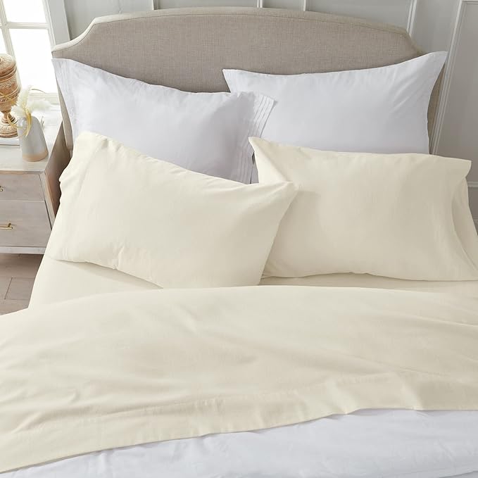 Market & Place 100% Turkish Cotton Flannel Sheet Set | 4 Piece Deep Pocket Solid Cozy Winter Bed Sheets | Double Brushed for Extra Softness & Comfort | Chalet Collection (King, Ivory)